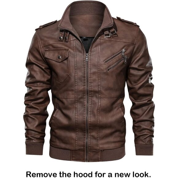🆕 Men Brown Faux Leather Zipper Motorcycle Bomber Jacket Stand Collar PU Hood - Picture 5 of 7
